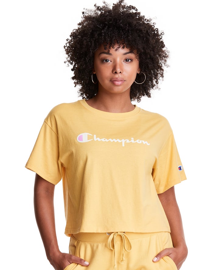 Camiseta Champion Mujer - Cropped Script Logo ( Amarillo ) 7204365-RB